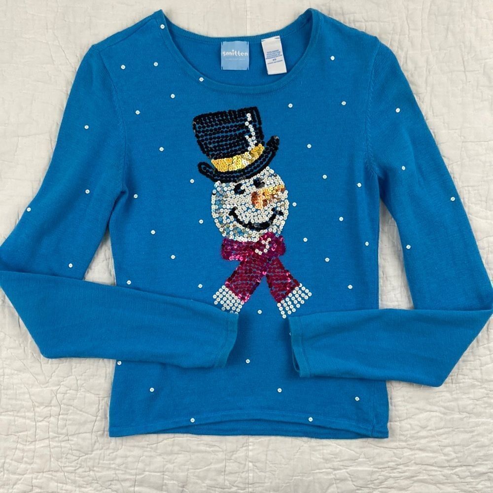 Smitten by Michael Simon Sequined Snowman Crewneck Knit Sweater size XS